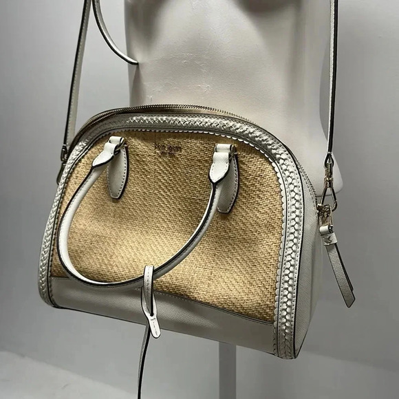 Kate Spade Reiley Dome Satchel Purse Handbag Straw Wicker Leather Trim White - Picture 4 of 14